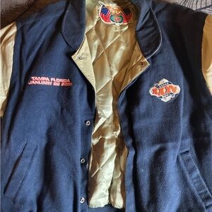 Hamilton Navy and Tan Bomber Varsity Jacket with Embroidered Patches